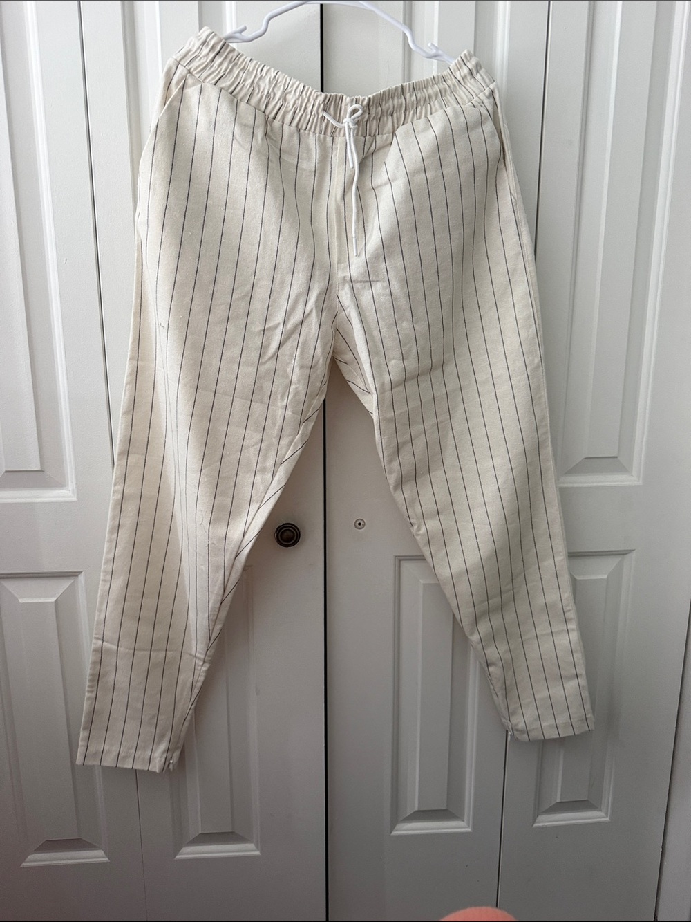 Men's Cream Pinstripe Elastic Waist Pants